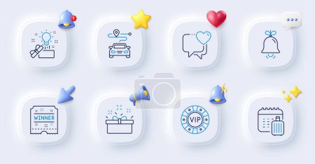 Illustration for Bell, Journey and Baggage calendar line icons. Buttons with 3d bell, chat speech, cursor. Pack of Vip chip, Heart, Creative idea icon. Winner ticket, Present box pictogram. Vector - Royalty Free Image