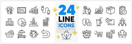 Illustration for Icons set of University campus, Photo and Outsourcing line icons pack for app with Puzzle time, Parcel, Social media thin outline icon. Add purchase, Charging cable, Business podium pictogram. Vector - Royalty Free Image