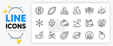 Illustration for Grow plant, Apple and Fish line icons set for app include Mountain flag, Fire energy, Iceberg outline thin icon. Snowflake, Juice, Sunny weather pictogram icon. Lotus, Tomato, Cocoa nut. Vector - Royalty Free Image