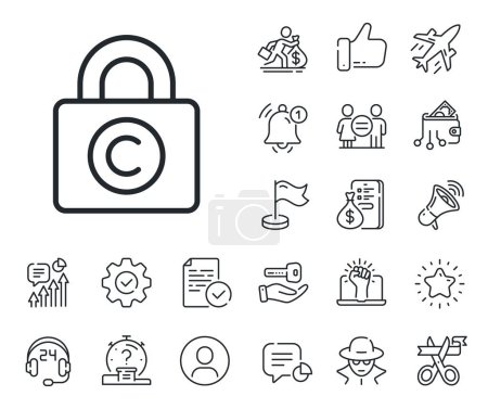 Illustration for Copywriting sign. Salaryman, gender equality and alert bell outline icons. Copyright locker line icon. Private Information symbol. Copyright locker line sign. Spy or profile placeholder icon. Vector - Royalty Free Image