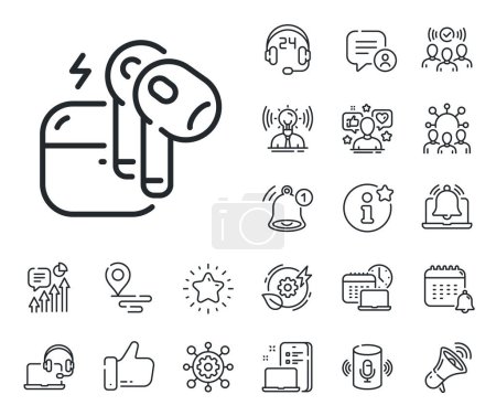 Illustration for Mobile accessories sign. Place location, technology and smart speaker outline icons. Headset line icon. Earphones or headphone symbol. Headset line sign. Influencer, brand ambassador icon. Vector - Royalty Free Image