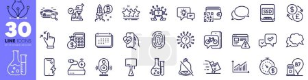 Illustration for Ssd, Idea lamp and Table lamp line icons pack. Smartphone charging, Bike app, Diesel station web icon. Cardio training, Bitcoin project, Calendar pictogram. Power bank, Stars, Fingerprint. Vector - Royalty Free Image