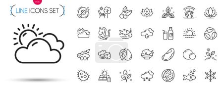 Illustration for Pack of Solar panel, Mineral oil and Organic tested line icons. Include Brazil nut, Fish, Plants watering pictogram icons. Peas, Fishing, Fair trade signs. Snow weather, Greenhouse, Deckchair. Vector - Royalty Free Image