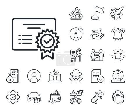 Illustration for Verified document sign. Salaryman, gender equality and alert bell outline icons. Certificate line icon. Accepted or confirmed symbol. Certificate line sign. Spy or profile placeholder icon. Vector - Royalty Free Image