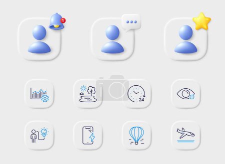 Illustration for Air balloon, 24 hours and Arrivals plane line icons. Placeholder with 3d star, reminder bell, chat. Pack of Lake, Smartphone charging, Operational excellence icon. Vector - Royalty Free Image