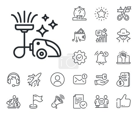 Illustration for Cleaning service symbol. Salaryman, gender equality and alert bell outline icons. Vacuum cleaner line icon. Hoover sign. Vacuum cleaner line sign. Spy or profile placeholder icon. Vector - Royalty Free Image