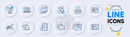 Illustration for Waterproof, Medical help and Employee line icons for web app. Pack of Talk bubble, Mountain bike, Reject book pictogram icons. Architect plan, Delivery boxes, Money signs. Neumorphic buttons. Vector - Royalty Free Image