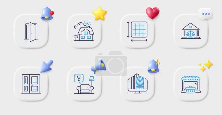 Illustration for Enterprise, Entrance and Realtor line icons. Buttons with 3d bell, chat speech, cursor. Pack of Court building, Online market, Square area icon. Open door, Lounge pictogram. Vector - Royalty Free Image