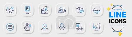 Illustration for Delivery man, Delivery truck and Return package line icons for web app. Pack of Charging station, Parking, Cancel flight pictogram icons. Vip parcel, No handbag, Pin signs. Bumper cars. Vector - Royalty Free Image