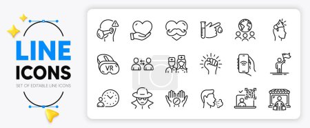Illustration for Time management, Fraud and Volunteer line icons set for app include Empower, Global business, Vr outline thin icon. Father day, Cough, Internet app pictogram icon. Medical mask. Vector - Royalty Free Image