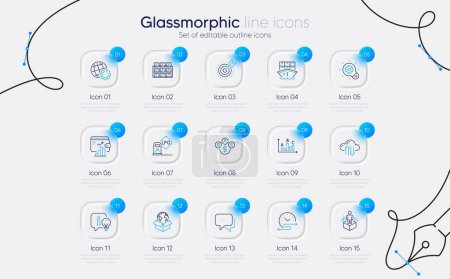 Illustration for Set of Lamp, Cloud sync and Message line icons for web app. Time schedule, Buying currency, Augmented reality icons. Boxes shelf, Gas station, Shipment signs. Survey results, Globe. Vector - Royalty Free Image