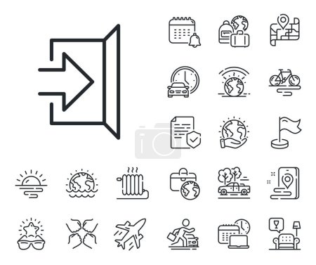 Illustration for Open door sign. Plane jet, travel map and baggage claim outline icons. Exit line icon. Entrance symbol with arrow. Exit line sign. Car rental, taxi transport icon. Place location. Vector - Royalty Free Image