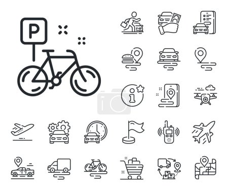 Illustration for Bicycle parking sign. Plane, supply chain and place location outline icons. Bike line icon. Urban traffic symbol. Bike line sign. Taxi transport, rent a bike icon. Travel map. Delivery truck. Vector - Royalty Free Image