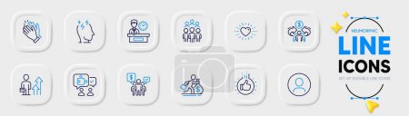 Ilustración de Tiempo de presentación, Headshot and Sharing economy line icons for web app. Pack de iconos de pictograma de mano, Estrés, Corazón, Como. Resultados empresariales, trabajo en equipo, signos salariales. Aplaudiendo, Puzzle. Vector - Imagen libre de derechos
