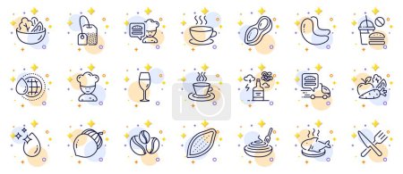 Ilustración de Esquema conjunto de Wineglass, Chef y Fish línea de plato iconos para la aplicación web. Incluye cappuccino, adicción al alcohol, iconos de pictograma de plato de pasta. Cacahuete, granos de café y bayas, señales de entrega de alimentos. Vector - Imagen libre de derechos