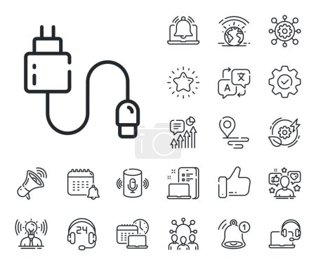 Illustration for Mobile accessories sign. Place location, technology and smart speaker outline icons. Charging cable line icon. Charge adapter symbol. Charging cable line sign. Vector - Royalty Free Image