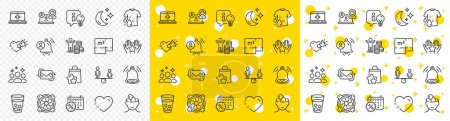 Illustration for Outline Equity, Wash t-shirt and Heart line icons pack for web with Love message, Refresh mail, Floor plan line icon. User notification, Lamp, Ice tea pictogram icon. Moon, Squad. Vector - Royalty Free Image