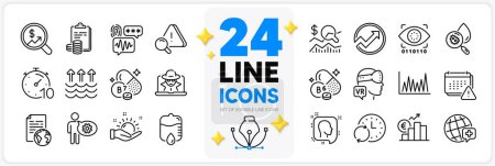 Illustration for Icons set of Check investment, World medicine and Notification line icons pack for app with Timer, Cogwheel, Biotin vitamin thin outline icon. Evaporation, Sunny weather. Design with 3d stars. Vector - Royalty Free Image