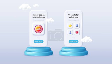 Illustration for Big sale sticker. Phone mockup on podium. Product offer 3d pedestal. Discount banner shape. Coupon design icon. Background with 3d clouds. Big sale promotion message. Vector - Royalty Free Image