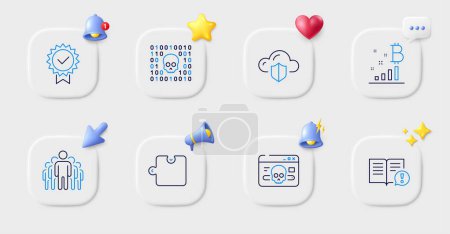 Illustration for Bitcoin graph, Puzzle and Group line icons. Buttons with 3d bell, chat speech, cursor. Pack of Cyber attack, Facts, Certificate icon. Cloud protection, Binary code pictogram. Vector - Royalty Free Image