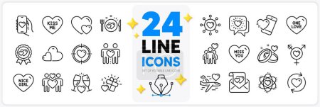 Illustration for Icons set of Love award, Friends chat and Dating app line icons pack for app with Genders, Nice girl, One love thin outline icon. Atom, Valentine target, Update relationships pictogram. Vector - Royalty Free Image