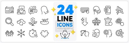 Illustration for Icons set of Computer keyboard, Face attention and Cloud sync line icons pack for app with Writer, Qr code, Saving electricity thin outline icon. Cough, Safe time, Puzzle pictogram. Vector - Royalty Free Image