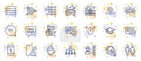 Illustration for Outline set of Restroom, Target and Coffee cup line icons for web app. Include No sun, Online voting, Phone warning pictogram icons. Hotel, Approved documentation, Restructuring signs. Vector - Royalty Free Image