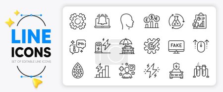 Illustration for Currency rate, Reminder and Consumption growth line icons set for app include Info, Report, Seo gear outline thin icon. Artificial colors, Charging station, Cogwheel pictogram icon. Vector - Royalty Free Image