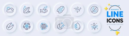 Illustration for Moon, Sunny weather and No alcohol line icons for web app. Pack of Insomnia, Windy weather, Eco organic pictogram icons. Fish, Pecan nut, Eco energy signs. Plants watering, Pistachio nut. Vector - Royalty Free Image