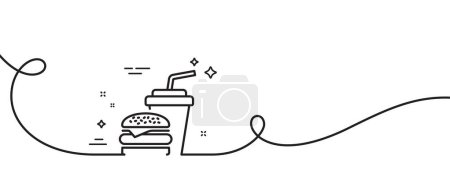 Illustration for Hamburger with drink line icon. Continuous one line with curl. Fast food restaurant sign. Hamburger or cheeseburger symbol. Hamburger single outline ribbon. Loop curve pattern. Vector - Royalty Free Image