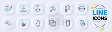 Illustration for Copyright chat, Smartphone and Floor plan line icons for web app. Pack of Seo, Hot loan, Waiting pictogram icons. Drag drop, Keys, Interview job signs. Swipe up, Ethics, Baggage app. Vector - Royalty Free Image