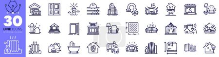 Illustration for Fingerprint access, Circus tent and Lighthouse line icons pack. Armchair, Arena stadium, Agent web icon. Skyscraper buildings, Build, Box size pictogram. House security, Street light. Vector - Royalty Free Image