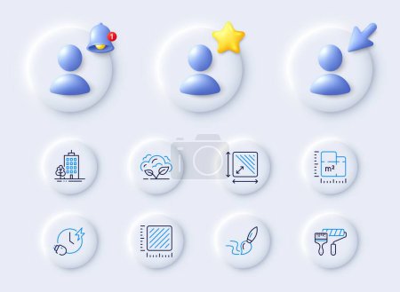 Illustration for Square area, Square meter and Skyscraper buildings line icons. Placeholder with 3d cursor, bell, star. Pack of Co2 gas, Charging time, Floor plan icon. Brush, Paint roller pictogram. Vector - Royalty Free Image