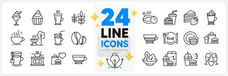 Illustration for Icons set of Latte, Coffee shop and Ice cream line icons pack for app with Frying pan, Salad, Food donation thin outline icon. Gluten free, Food order, Dishes pictogram. Cake, Grill. Vector - Royalty Free Image