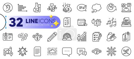Illustration for Outline set of Pencil, Framework and Accounting line icons for web with Document, Digestion, Map thin icon. Quiz test, Teamwork, Lgbt pictogram icon. Keywords, Video conference. Vector - Royalty Free Image