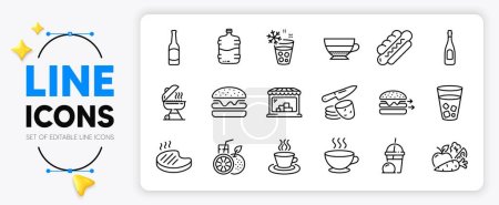 Téléchargez les illustrations : Thé tasse, Americano et Ice tea line icônes ensemble pour l'application comprennent jus d'orange, légumes, livraison de nourriture contour icône mince. Marché, steak grillé, icône de pictogramme tasse de café. Burger. Vecteur - en licence libre de droit