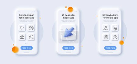 Illustration for Carousels, Hair dryer and Security confirmed line icons pack. 3d phone mockups with cursor. Glass smartphone screen. Update time, Lock, Refrigerator web icon. Vector - Royalty Free Image