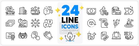 Illustration for Icons set of Reject certificate, Lightning bolt and Chemistry lab line icons pack for app with Leadership, Return package, Question bubbles thin outline icon. Technical documentation. Vector - Royalty Free Image