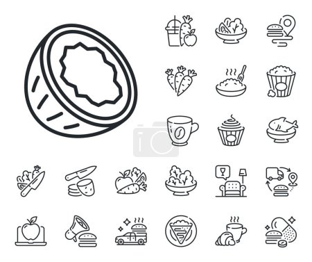 Illustration for Tasty nut sign. Crepe, sweet popcorn and salad outline icons. Coconut line icon. Vegan food symbol. Coconut line sign. Pasta spaghetti, fresh juice icon. Supply chain. Vector - Royalty Free Image