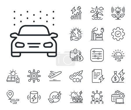 Illustration for Automatic cleaning sign. Energy, Co2 exhaust and solar panel outline icons. Car wash line icon. Clean vehicle symbol. Car wash line sign. Eco electric or wind power icon. Green planet. Vector - Royalty Free Image