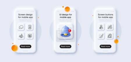 Illustration for Add team, Messenger and Smartphone statistics line icons pack. 3d phone mockups with bell alert. Glass smartphone screen. Stress, Paint brush, Report web icon. Vector - Royalty Free Image
