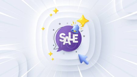 Illustration for Sale banner with 3d bell. Neumorphic offer 3d banner, poster. Discount offer alert. Coupon badge icon. Sale banner promo event background. Sunburst banner, flyer or coupon. Vector - Royalty Free Image