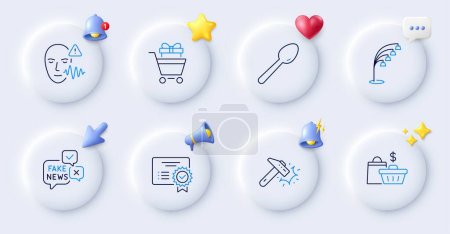 Illustration for Shopping trolley, Voice wave and Fake news line icons. Buttons with 3d bell, chat speech, cursor. Pack of Certificate, Sale bags, Floor lamp icon. Spoon, Hammer blow pictogram. Vector - Royalty Free Image