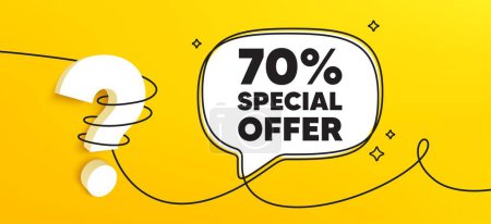 Illustration for 70 percent discount offer tag. Continuous line chat banner. Sale price promo sign. Special offer symbol. Discount speech bubble message. Wrapped 3d question icon. Vector - Royalty Free Image