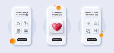 Illustration for Bitcoin chart, Eco food and Square area line icons pack. 3d phone mockups with heart. Glass smartphone screen. Buyer, Survey checklist, Cursor web icon. Friendship, Waterproof pictogram. Vector - Royalty Free Image