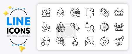Illustration for Rotation gesture, Orange juice and Face protection line icons set for app include 360 degrees, Idea, Cleaning outline thin icon. Reject letter, Charging cable, Teamwork pictogram icon. Vector - Royalty Free Image