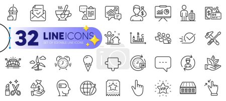Illustration for Outline set of Bribe, Approved mail and Accounting line icons for web with Puzzle, Tea cup, Human resources thin icon. Checkbox, Card, Touchscreen gesture pictogram icon. Sports arena. Vector - Royalty Free Image