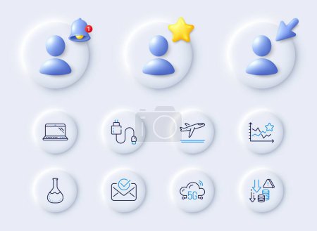 Illustration for Charging cable, Ranking stars and Departure plane line icons. Placeholder with 3d cursor, bell, star. Pack of 5g cloud, Chemistry lab, Deflation icon. Laptop, Approved mail pictogram. Vector - Royalty Free Image