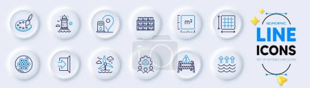 Illustration for Petrol station, Lighthouse and Square meter line icons for web app. Pack of Engineering team, Cable section, Exit pictogram icons. Windmill, Square area, Boxes shelf signs. Palette. Vector - Royalty Free Image