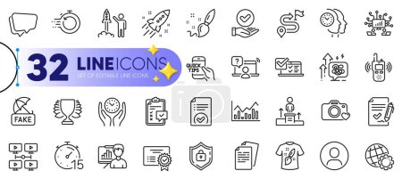 Illustration for Outline set of Headshot, Checklist and Globe line icons for web with Business podium, Teamwork, Speech bubble thin icon. Approved document, Online survey, Video conference pictogram icon. Vector - Royalty Free Image